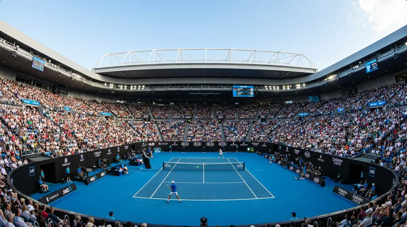 Grand-Slam-Tennisturnier mit Spielern auf dem Platz und vollen Tribünen
