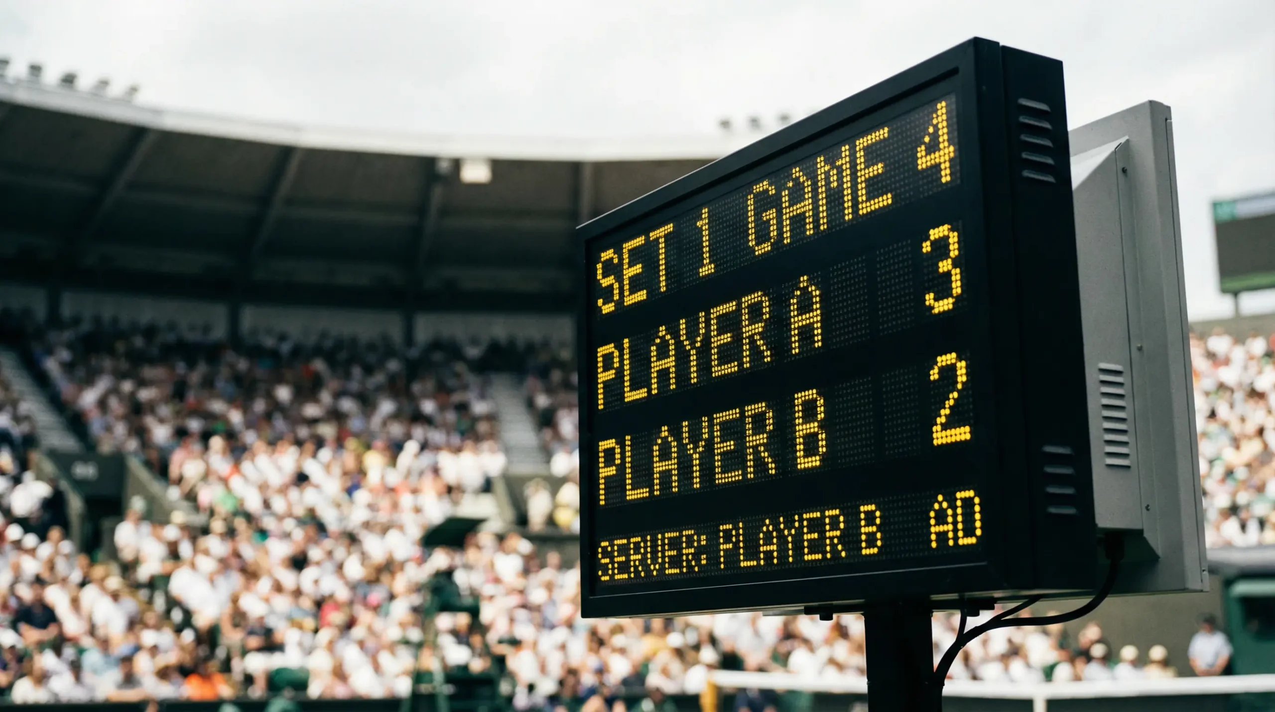Tennisanzeigetafel zeigt Spielstand eines laufenden Matches