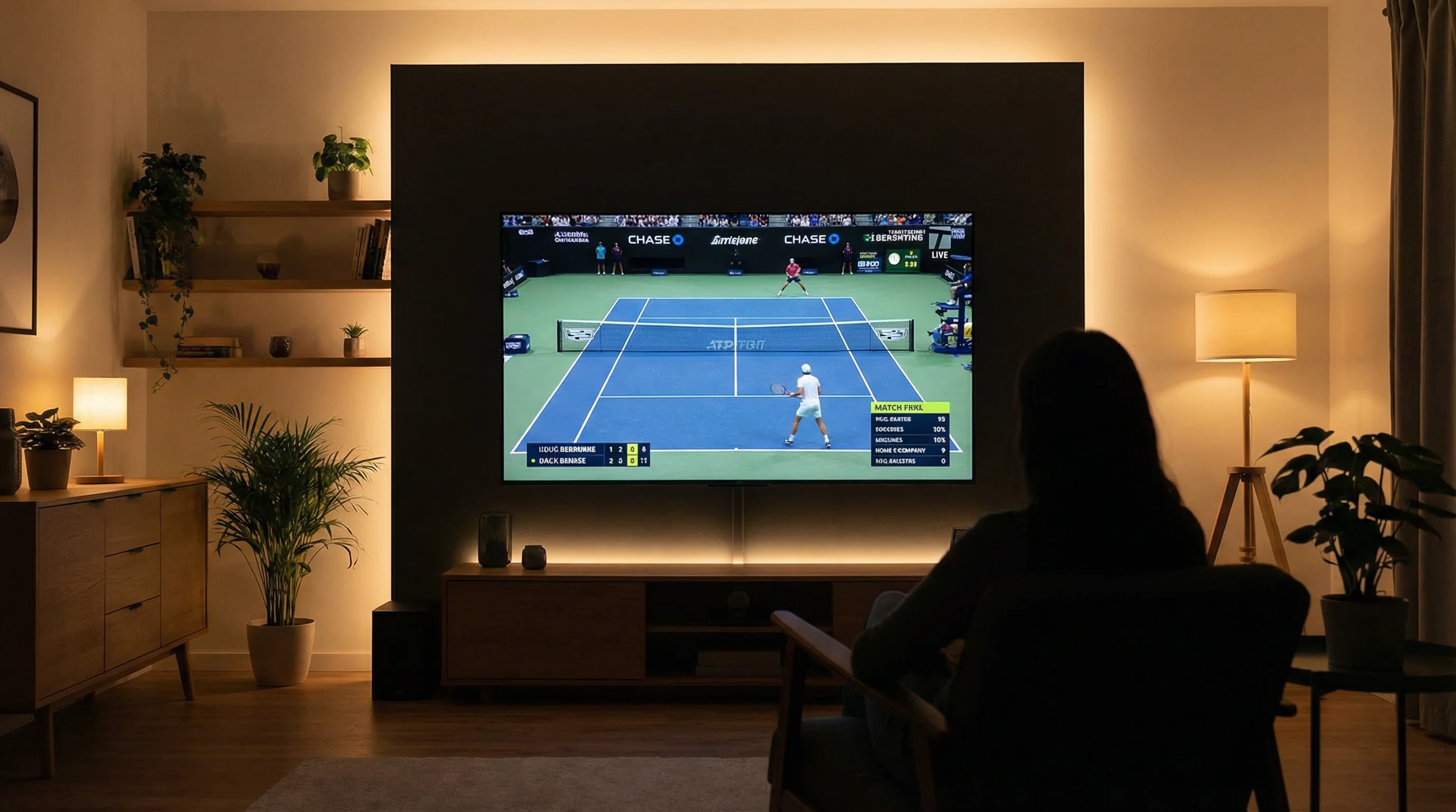 Tennismatch live auf großem Bildschirm mit Echtzeit-Statistiken