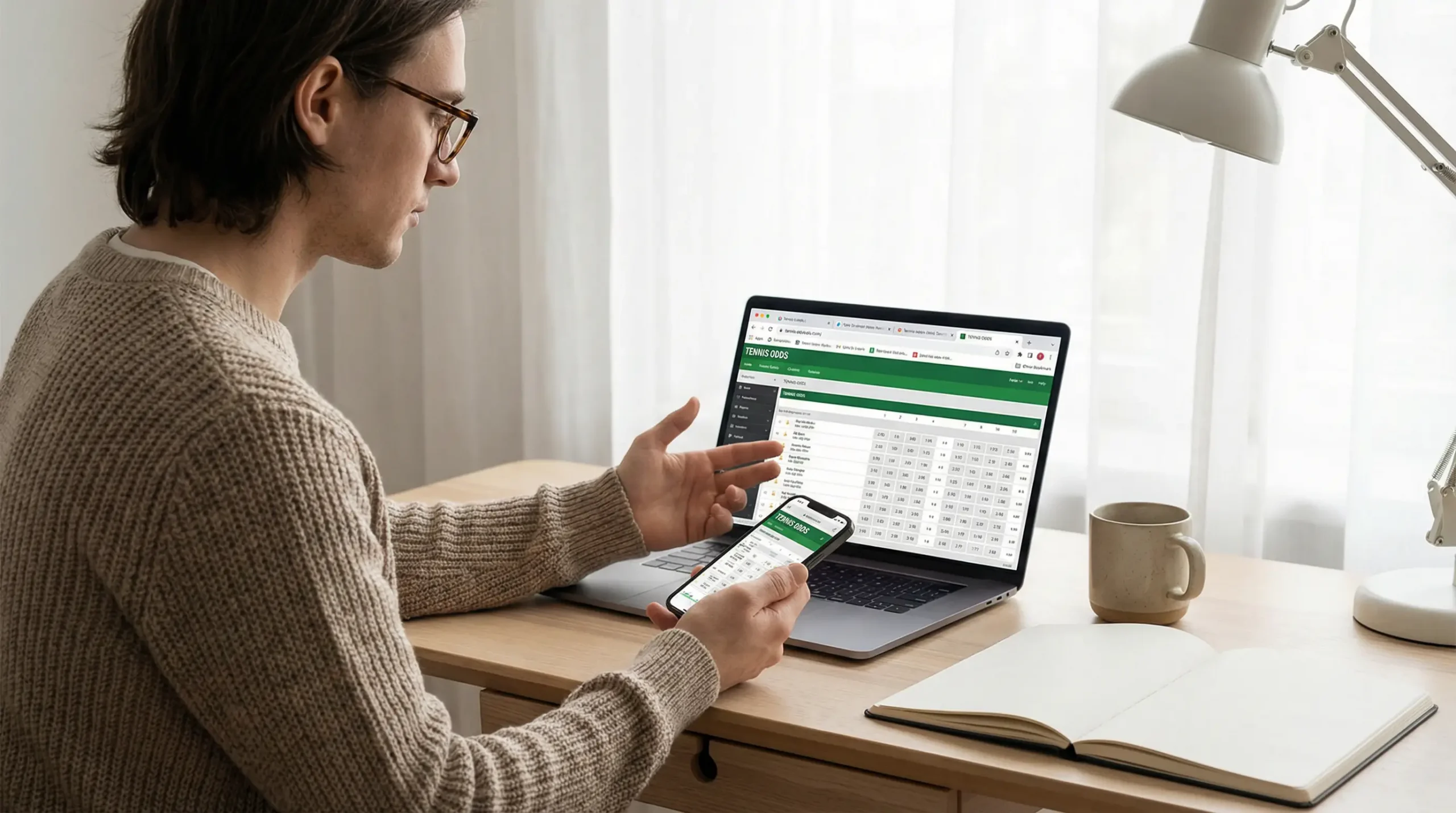Person vergleicht Tennis-Wettquoten auf Laptop und Smartphone