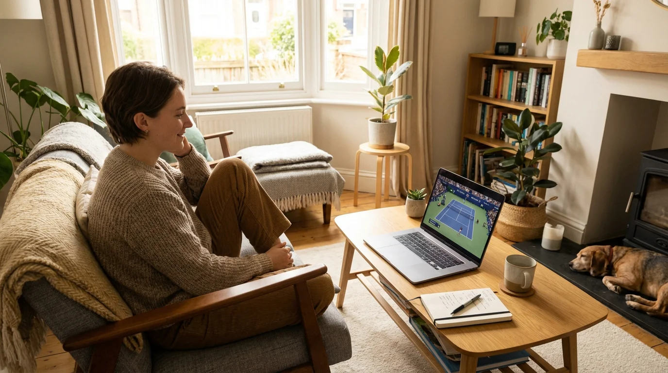 Freundliche Person schaut Tennismatch auf Laptop mit Notizblock daneben