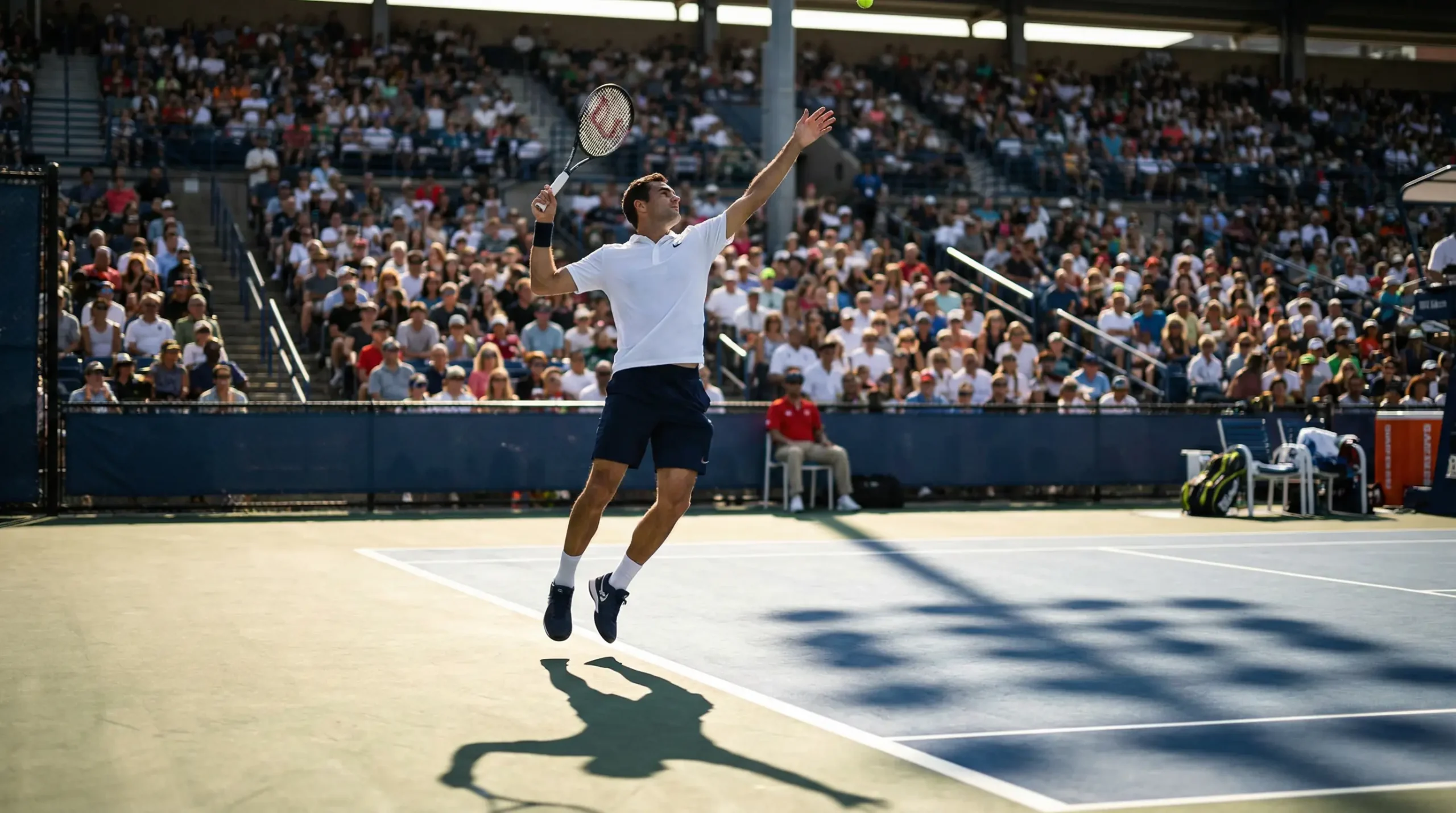 Tennisspieler schlägt Aufschlag auf professionellem Hartplatz bei Turnier