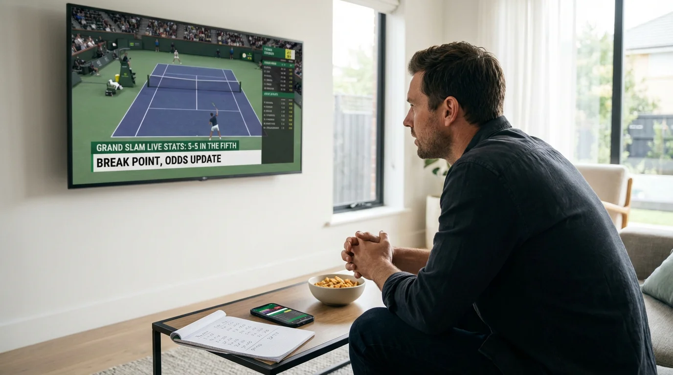 Tennisfan beobachtet spannendes Match auf großem Bildschirm mit Statistiken
