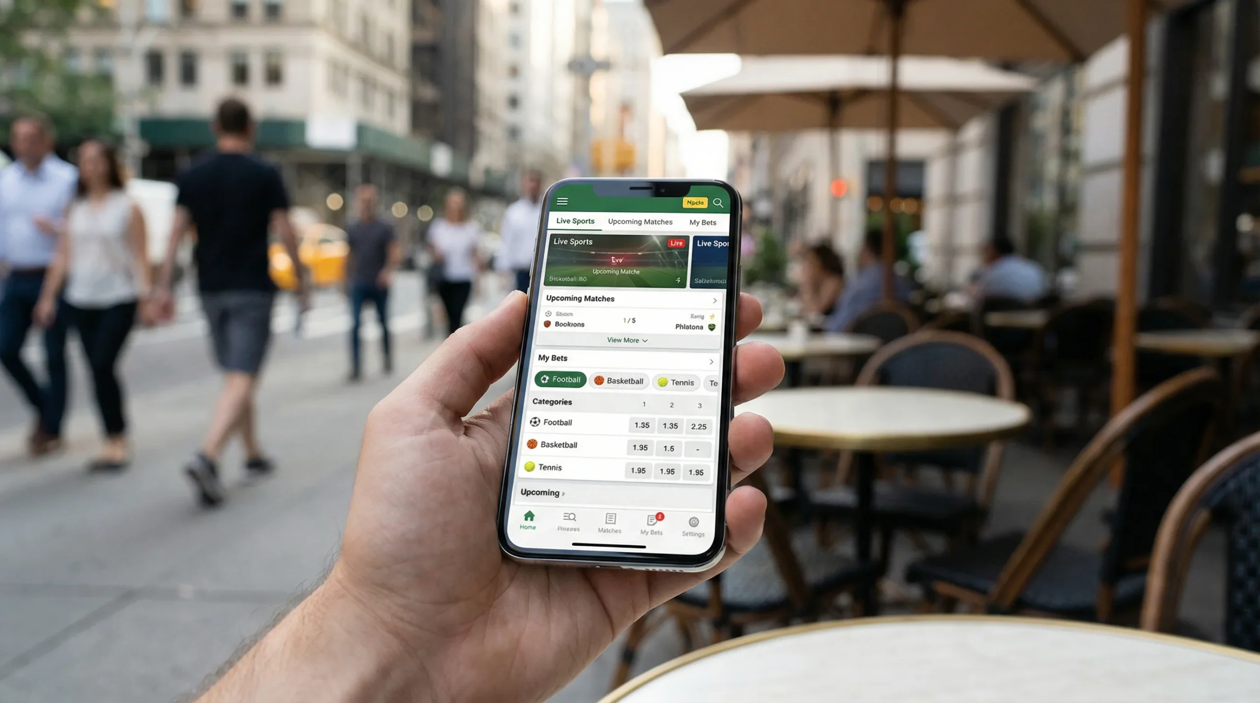 Hand hält Smartphone mit geöffneter Sport-App unterwegs