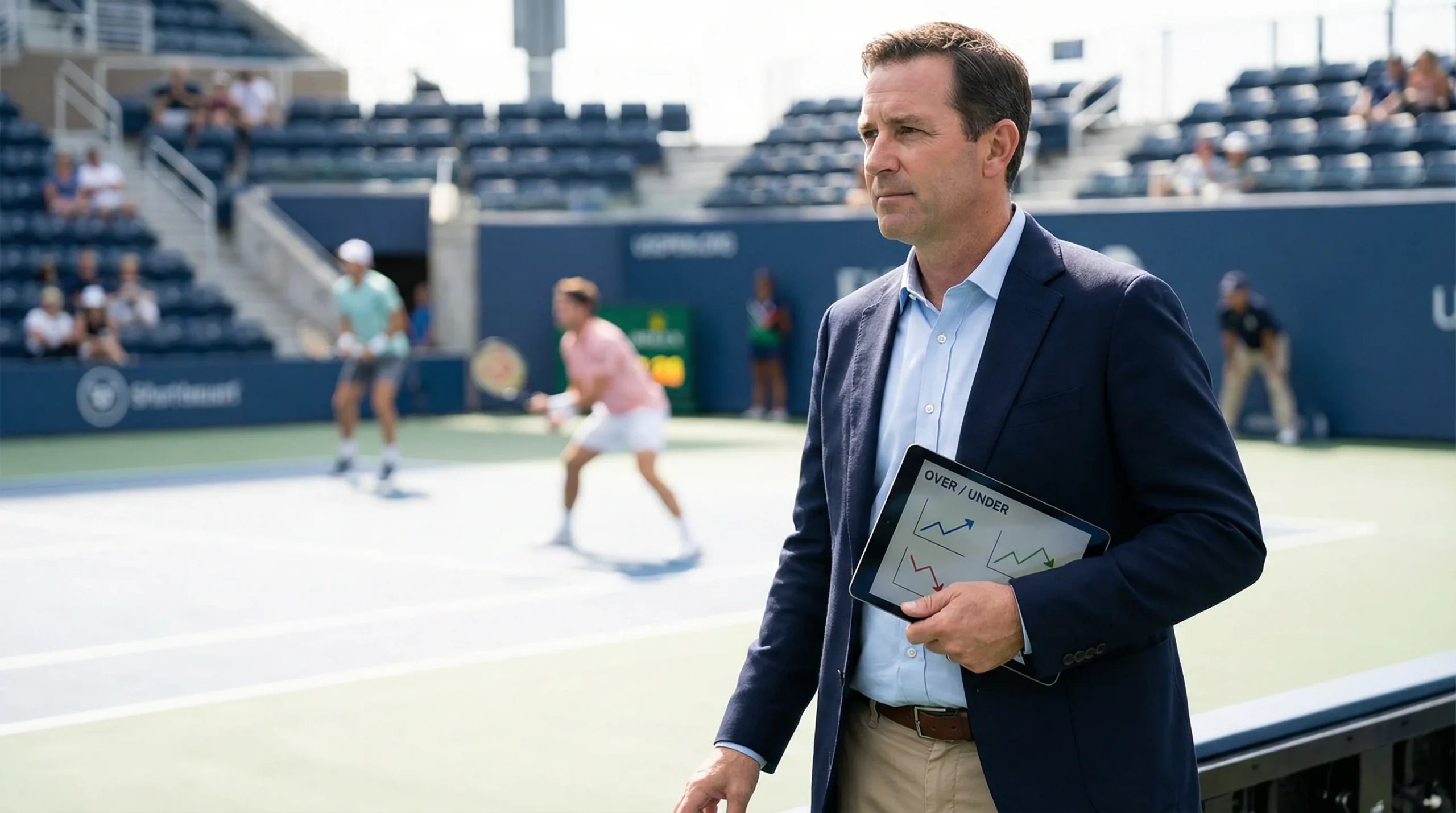 Sportanalyst mit Tablet beobachtet Tennisspiel am Spielfeldrand
