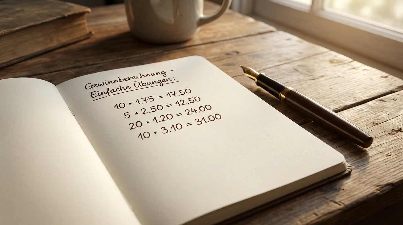 Notizbuch mit einfachen Quotenberechnungen und Stift auf Schreibtisch