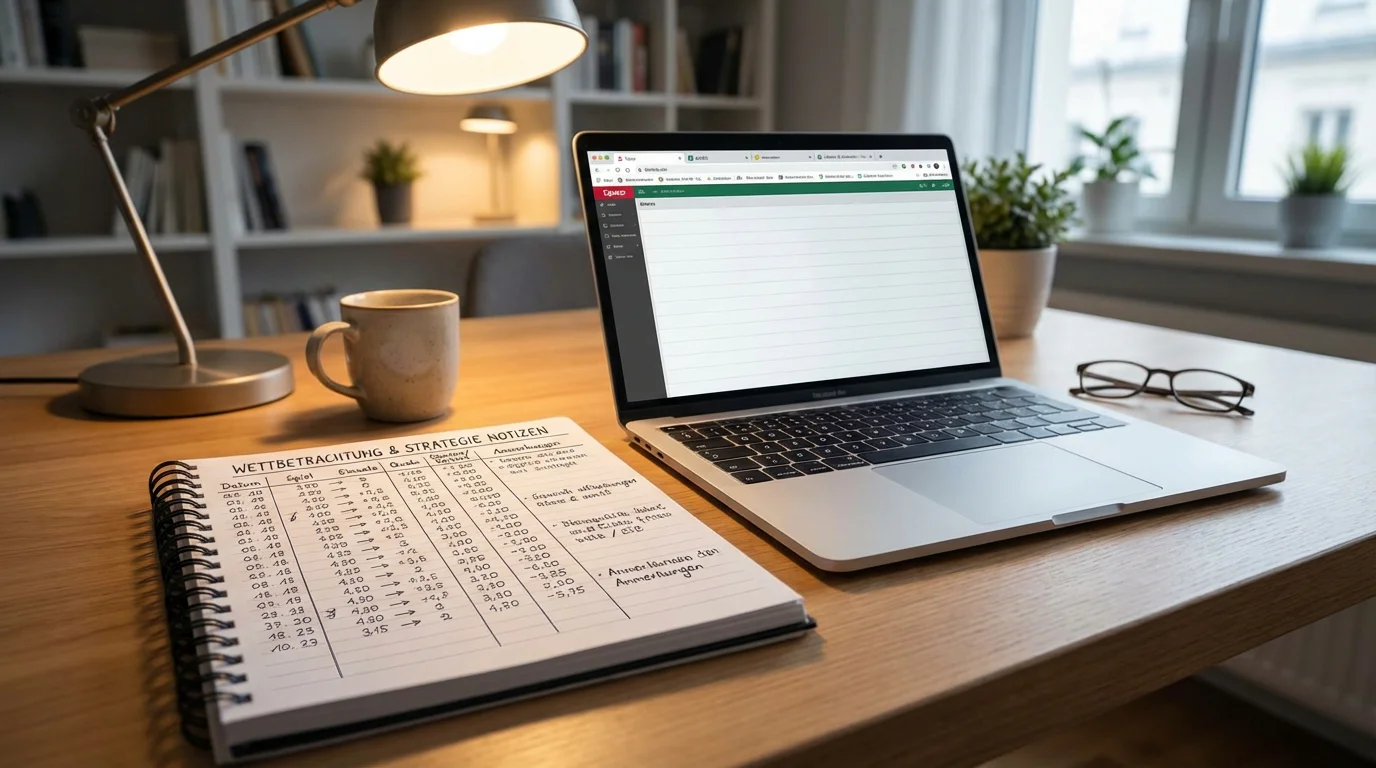 Notizbuch mit Wettanalyse und mehreren Browserfenstern im Hintergrund