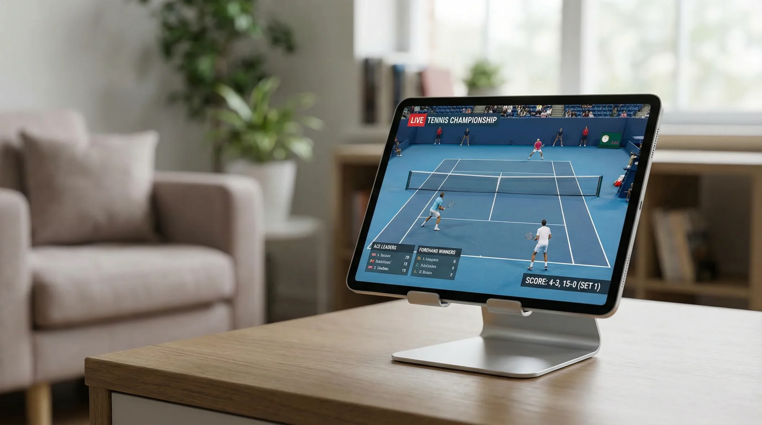 Tennismatch-Übertragung auf Tablet mit Live-Statistiken