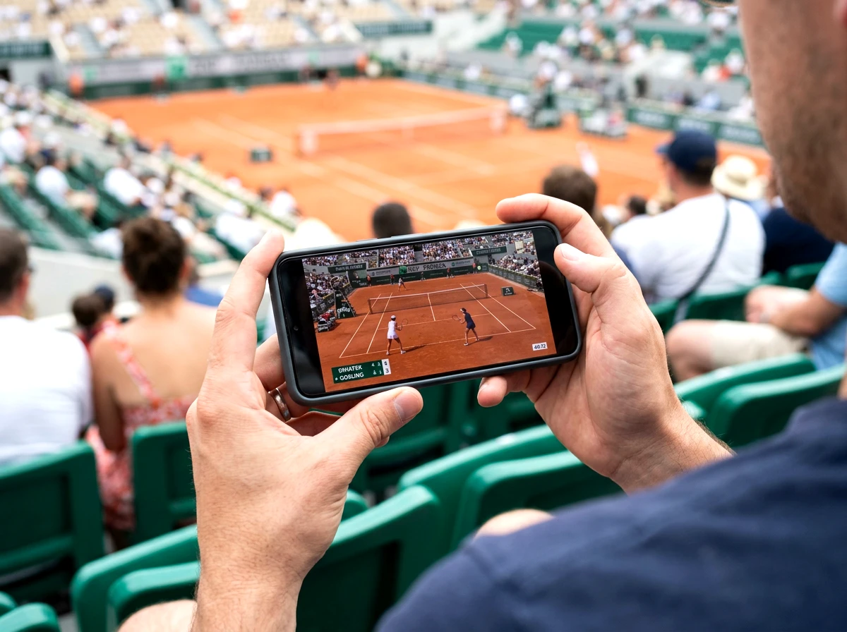 Zuschauer verfolgen ein Tennismatch live auf einem Smartphone