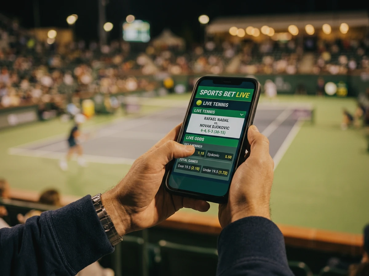 Nahaufnahme einer Wett-App auf dem Smartphone während eines Tennismatches