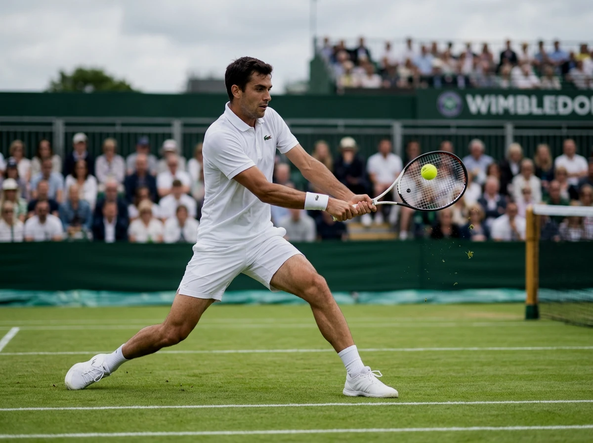Tennisspieler auf Rasenplatz in Wimbledon-Atmosphäre beim Return