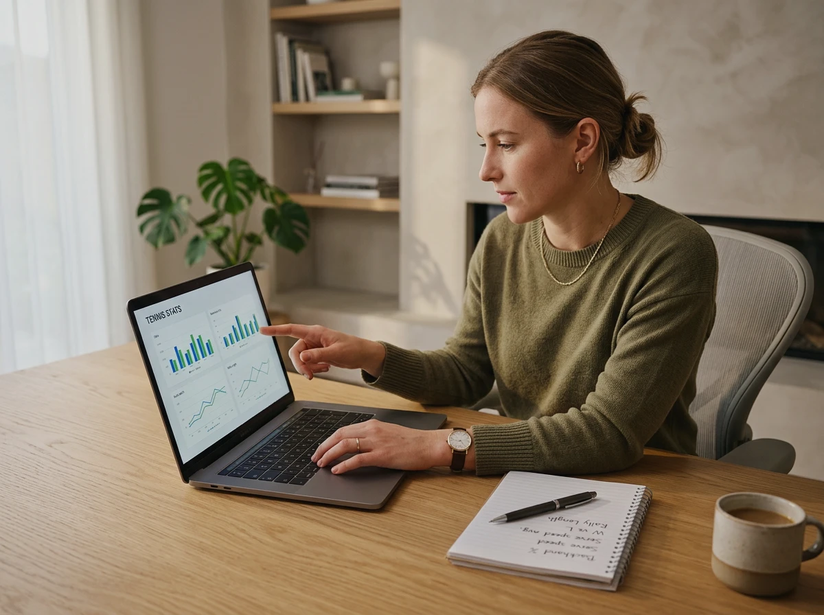 Person analysiert Tennisstatistiken auf einem Laptop mit Notizen