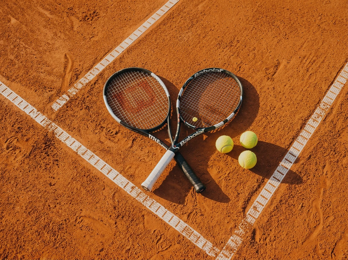 Tennisschläger und Bälle auf einem Sandplatz mit Linienmarkierungen