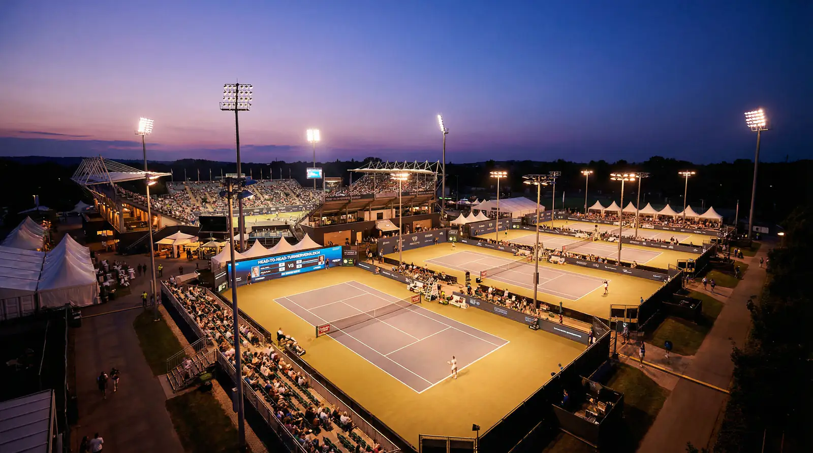Tennisarena bei Abenddämmerung mit beleuchteten Plätzen und Zuschauern