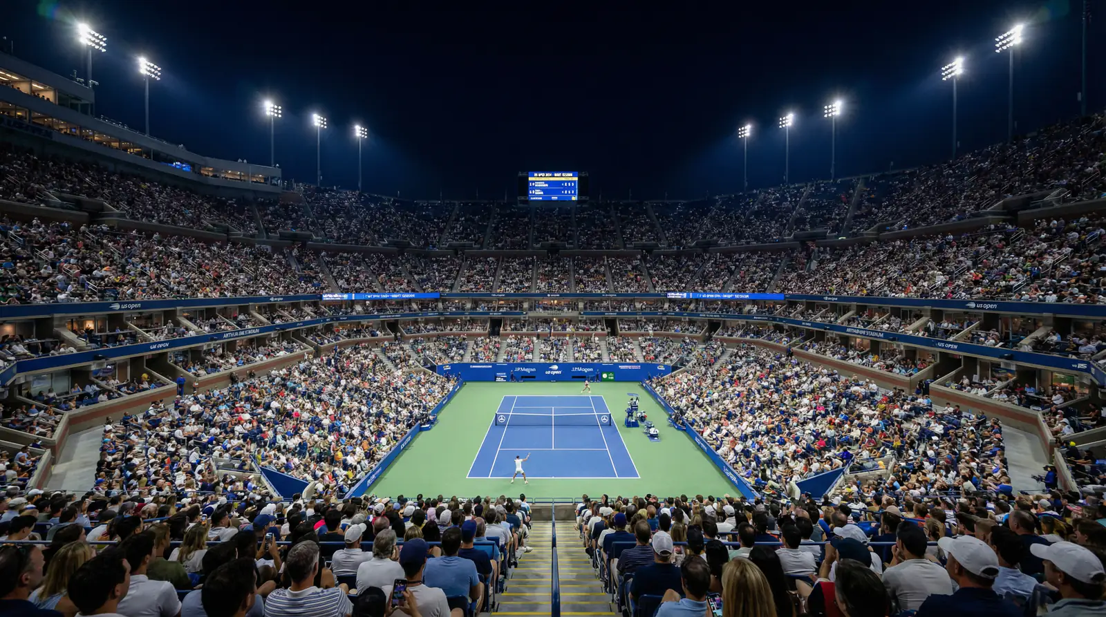 Arthur Ashe Stadium bei Nacht mit Flutlicht und begeistertem Publikum