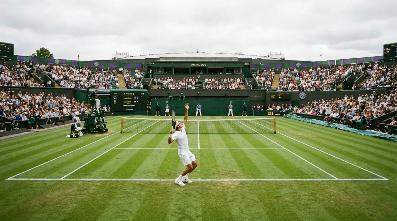 Klassischer Rasenplatz in Wimbledon mit Spieler in weißer Kleidung